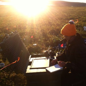 Laurel Lynch taking early morning gas samples, Toolik Lake Research Station, Alaska